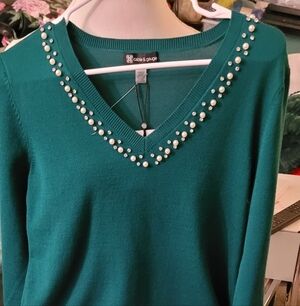 Emerald Green Pearl And Rhinestone Embellished Sweater By Cable & Gauge, S, NWT